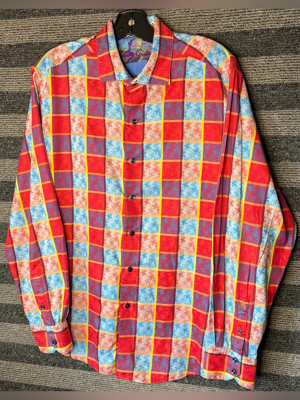 Robert Graham Red Multi-Check Button-Up Shirt with Blue and Yellow Accents Large